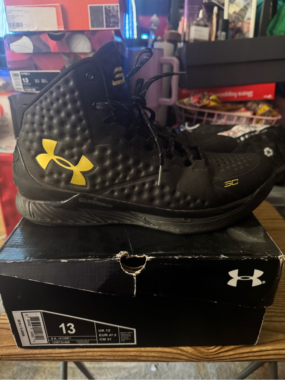 Under Armour Curry 1 (Blackout) Black and Yellow High-Top Basketball Shoes